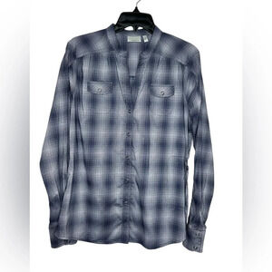 Athleta Happy Trails Snap Button Up Navy Blue Plaid Shirt Sz M EUC